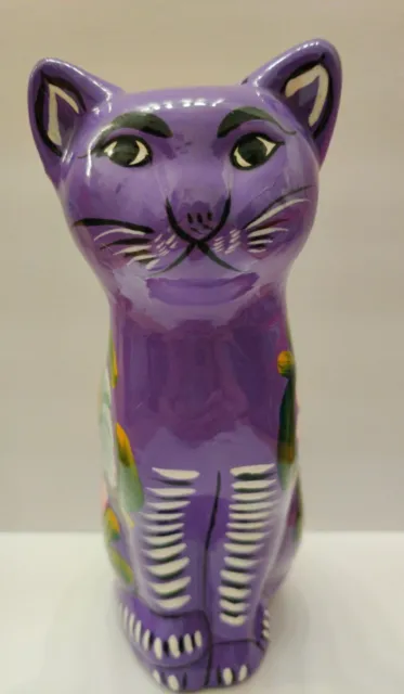 Mexican Folk Art Talavera Pottery Floral Purple Cat Bank Statue 8" Tall