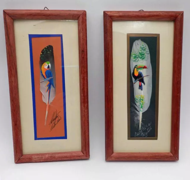 Framed Costa Rica TOUCAN & MACAW  Folk Art Painting on Feather  Signed  SET of 2