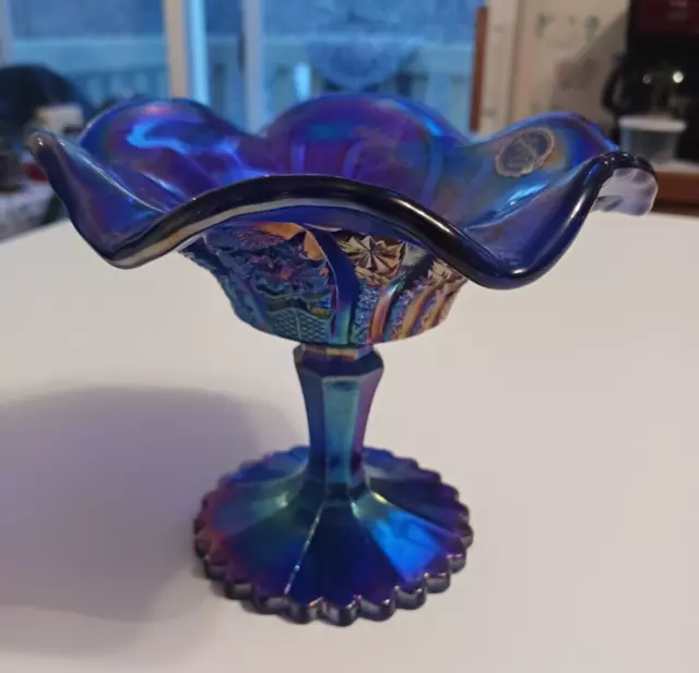 Vintage Imperial Glass Blue Iridescent Carnival Glass Footed Open Compote