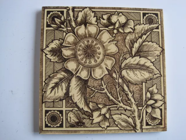 Antique Victorian Aesthetic Arts & Crafts Wild Rose Tile - Craven Dunnill C1882