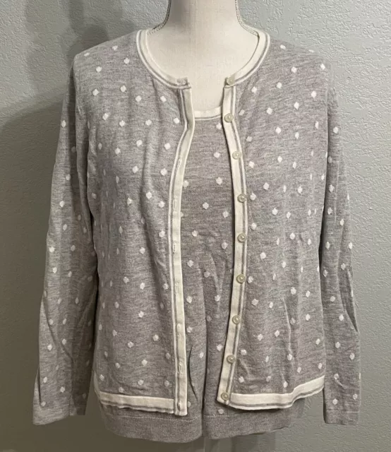 Talbots Gray White Polka Dot Cashmere Blend Cardigan Sweater & Tank Sz L XL P