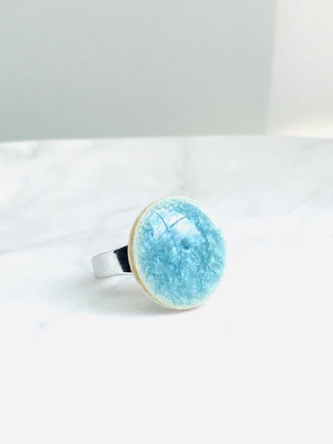 Blue statement ring - crackle glaze ring free size Natural Round Stone Ring