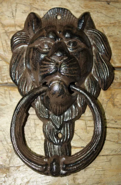 Large Cast Iron Antique Style Rustic LION HEAD Door Knocker Brown Finish