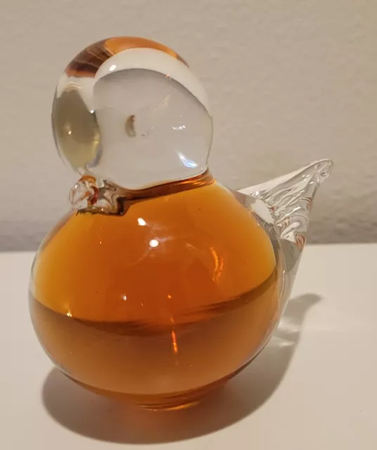 Art Glass Bird Paperweight, Made In Sweden, Clear And Amber Glass-LR