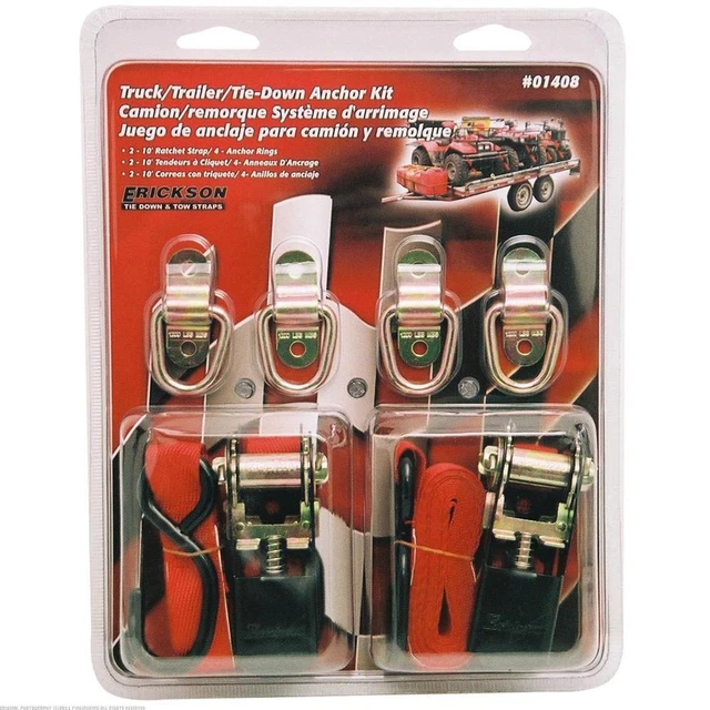 Erickson 1" x 10' Ratchet Straps 500 lb & Anchor Rings 500 lb Red 6Pcs 01408