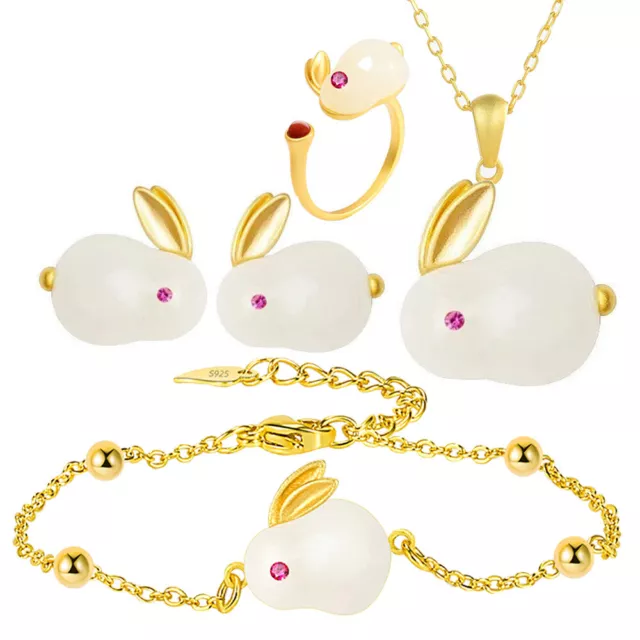 18K Gold Plated Women Jewelry Set Jade Rabbit Bracelet Necklace Earrings Rings