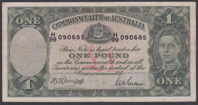 BN177b) Australia 1942 £1 Note, Armitage/McFarlane, Dark Green R30a, aVF.