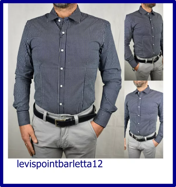 camicia camicie da uomo slim fit manica lunga elegante a fantasia blu M L XL XXL