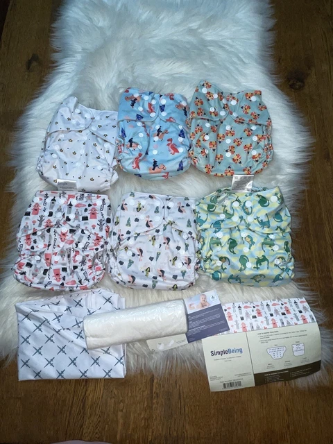 Simple Being Reusable 6 Diapers 6 Liners 1 Wetbag Washable Adjustable Baby Cloth