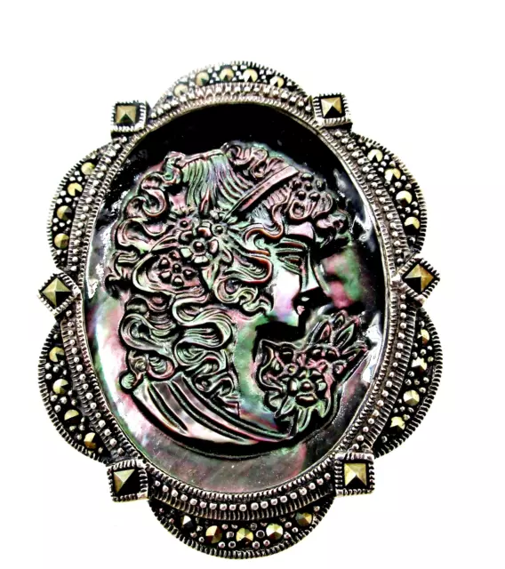 Vintage Sterling Silver VICTORIAN Carved Abalone MOP Marcasite Pin Signed SW