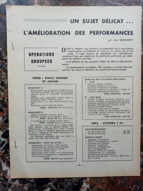 Document technique d'époque sur améliorations moteur Simca, Citroën et Renault