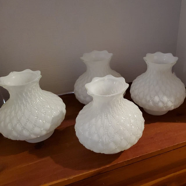 VTG Milk Glass QUILTED DIAMOND 6" Fitter Hurricane Lamp Shade/Globe Set of FOUR