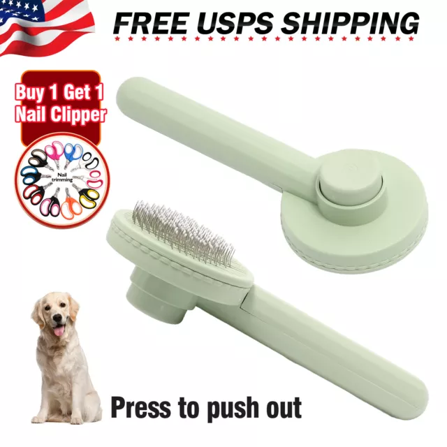 Dog Cat Self Cleaning Pet Grooming Brush Massage Hair Remover w/ Nail Trimmer