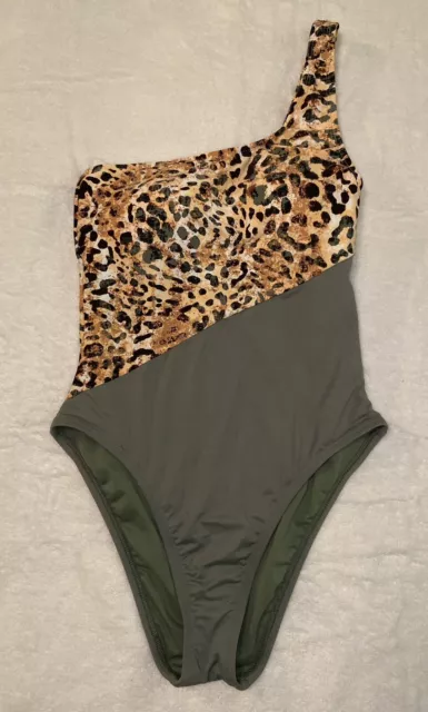 MYNAH One Piece Swimsuit 1 Shoulder Cheetah Leopard Print Green Women's Sz XS