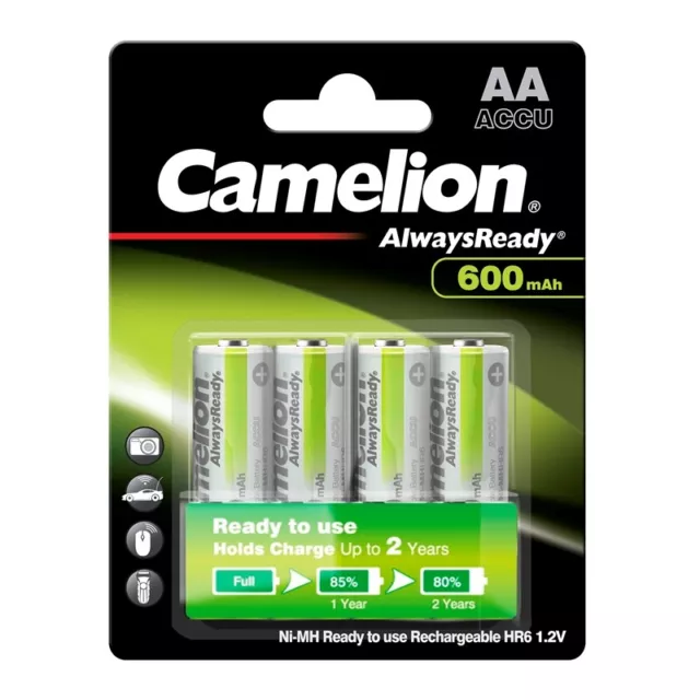 4x NiMH-Akku 1,2V 600 mAh Mignon AA HR6 Ready to Use Always Ready Solar Camelion