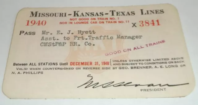 1940 Missouri Kansas Texas Railway Mkt Lines Employee Pass #3841