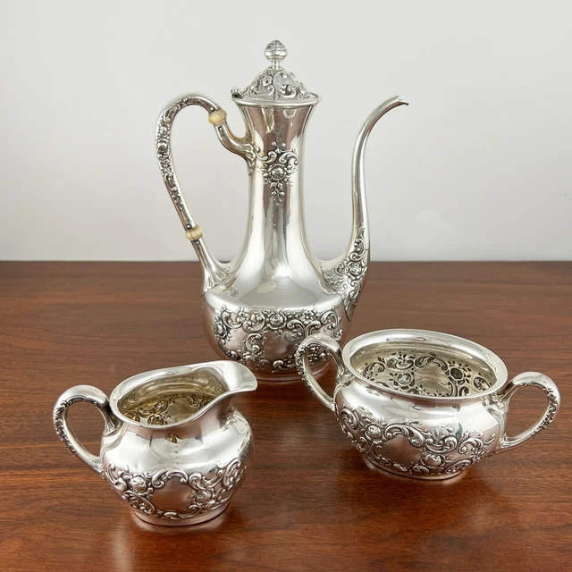 Gorham Victorian Sterling Silver Demitasse 3 Pc. Coffee Set Rose Scroll No Mono