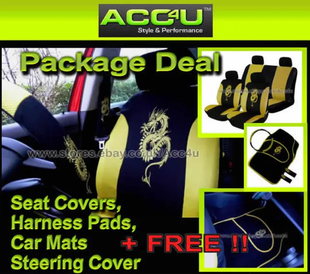 Black Yellow Dragon Logo Car Seat Covers+Mats+Steering Wheel Cover+Harness Pads+
