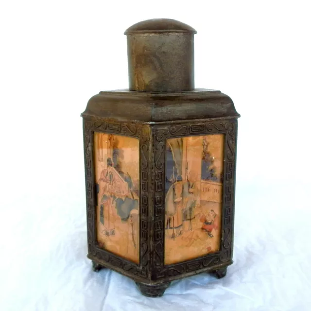 Antique Chinese Tea Caddy Canister - Oriental Pentagon 5 Panel Paintings Metal