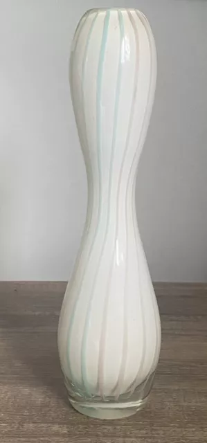 Vintage 90s Art Glass Vase 25cm White Pastel Striped Y2K Italian Style Decor