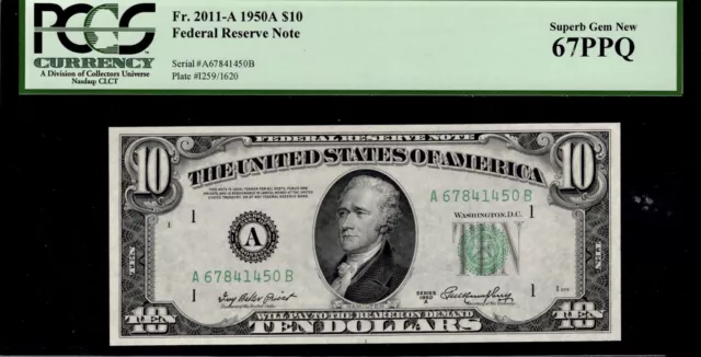 1950A Federal Reserve Note Boston Massachusetts $10 PCGS Superb Gem New 67PPQ