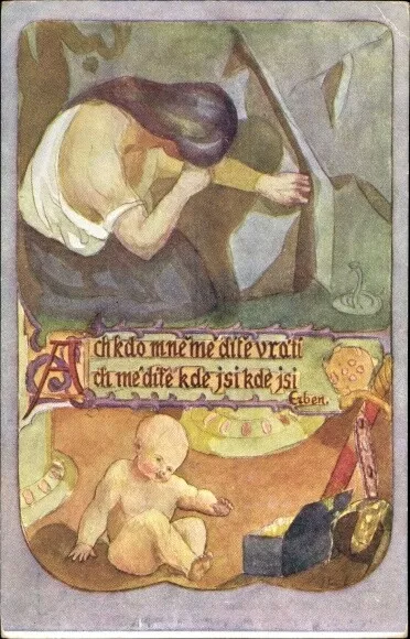 Künstler Ak Glückwunsch Ostern, Weinende Frau, Kind, Schwerter, Gold - 3000963