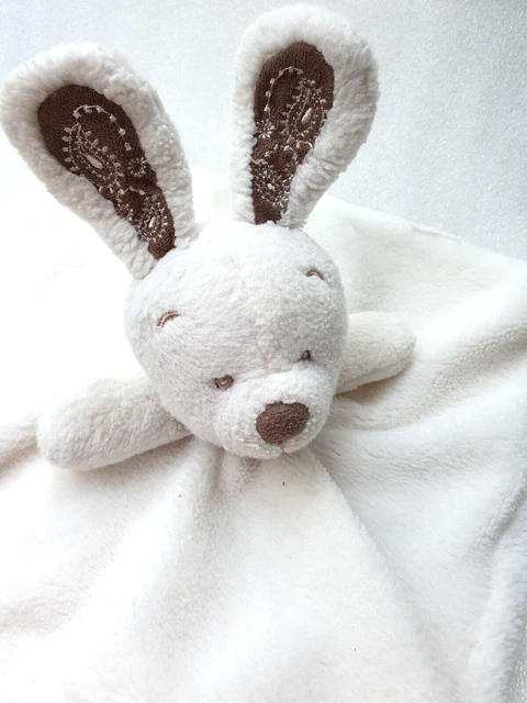 Doudou plat lapin NICOTOY? blanc bandana oreilles marron 22 cm 2