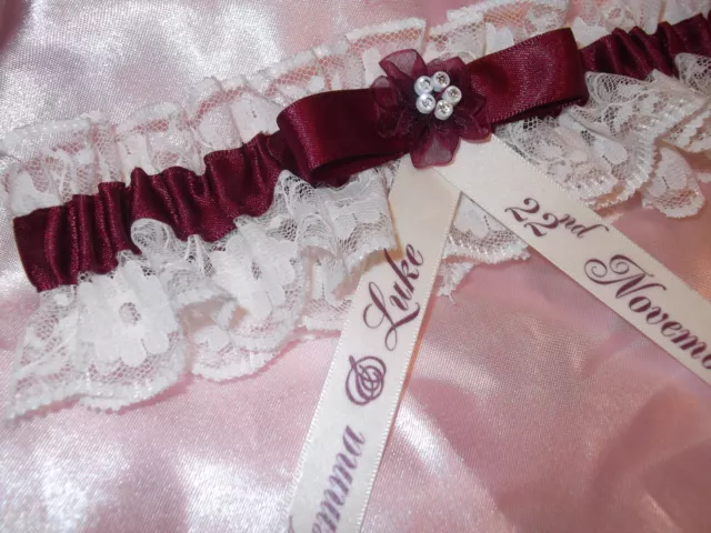 Personalised Burgundy & Ivory Lace Wedding Garter With Diamante *New In Box*