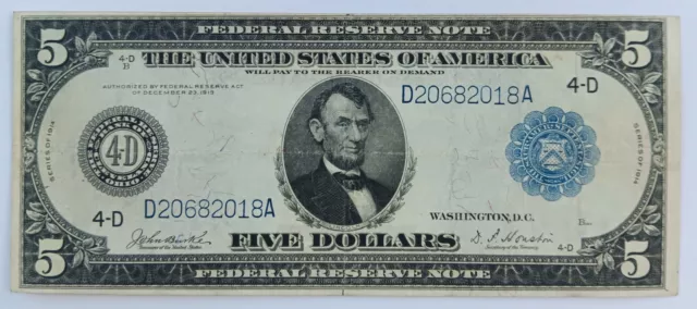 1914  $5 Federal Reserve Note Bank Of Cleveland, Ohio - D20682018A