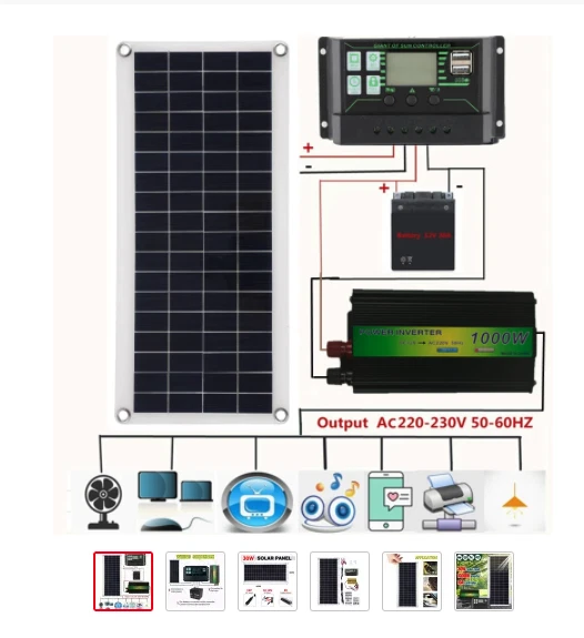 DADEA Kit de Panneau Solaire Avec Panneau et Onduleur, Système D'alimentation Solaire Kit Complet Maison 20W Panneau 30A Contrôleur 300W Onduleur 12V