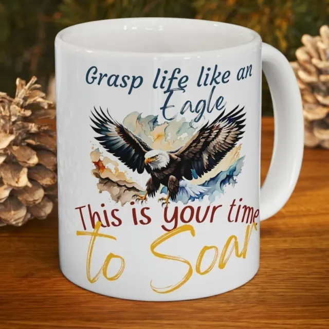 Soaring Eagle, White Ceramic Mug, Flying Bald Eagle, Inspiration Mug, 11oz #0000