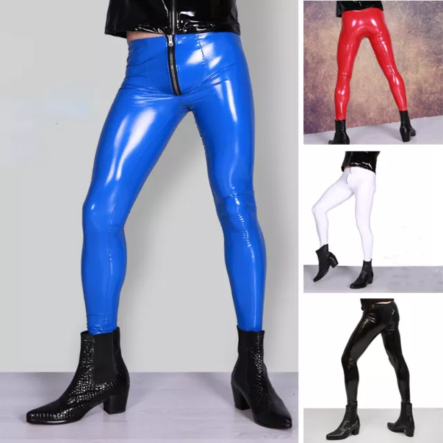 Men Faux Latex Legging Wet Look Pants Slim Fitted Skinny Stage Club Wear Zip