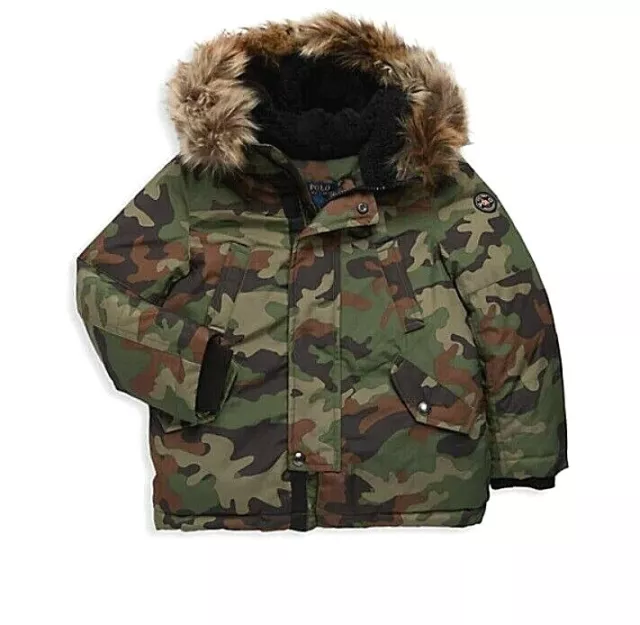 Polo Ralph Lauren Down Camo Blue Fur Hooded Puffer Jacket Baby Boys Girls 2 2T