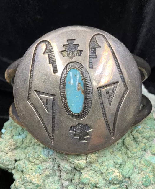 Hopi “Preston Monongye” 1960’s Sterling Silver & Turquoise Cuff Bracelet, 56.6g