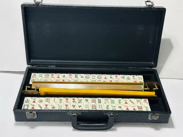 Vintage Mahjong Set Butterscotch Bakelite Tiles Coins Racks 