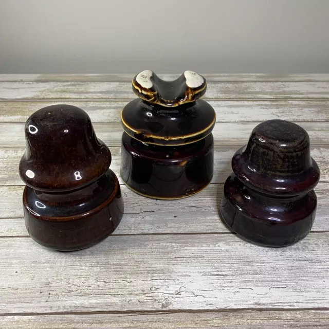 Lot of 3 Vintage Unmarked Brown Ceramic Porcelain Insulators