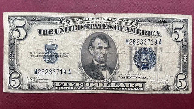 1934 C Five Dollar Silver Certificate $5 Bill Blue Seal Note Circulated #59013