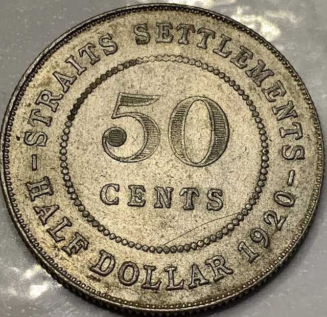 Half Dollar (50c) 1920 Straits Settlement -King George V Silver coin(+Free Coin)