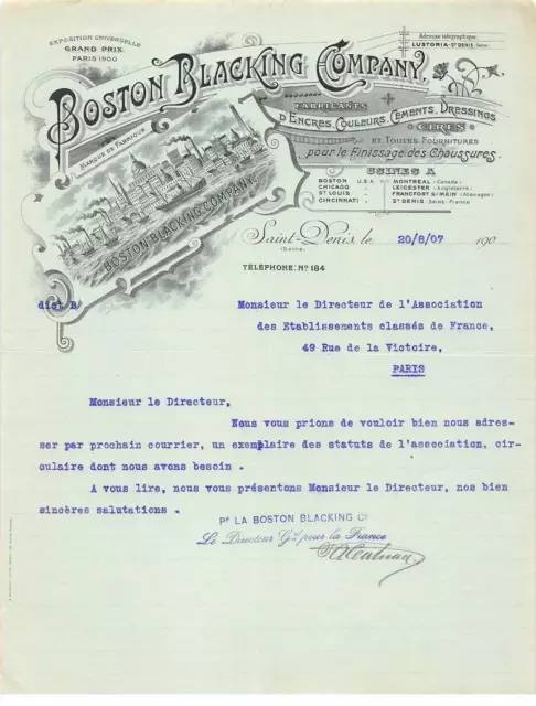 Facture.AM19380.Saint Denis.Pour Paris.1907.Boston Blacking Company.Encre.Coul