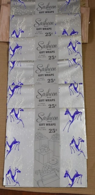 6 Pkg Vtg MCM CHRISTMAS WRAPPING PAPER REINDEER Blue & Silver New Old Stock