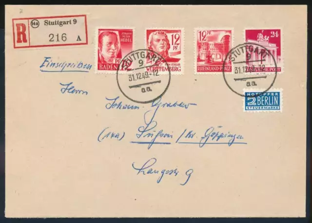 Französische Zone MiF Sammler-R-Brief STUTTGART mit 4 roten Marken #129860