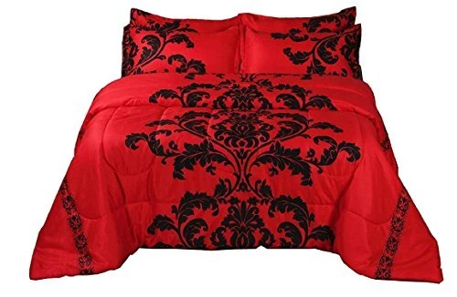 Boho Paisley Black Flower Soft Microfiber Comforter Set  Modern Queen Red