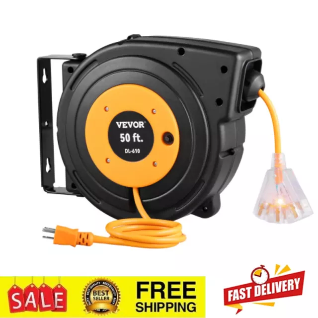 RETRACTABLE EXTENSION CORD Reel 50 ft Heavy Duty 14AWG/3C SJTOW Power ...