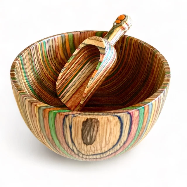 Recycled Skateboard Reclaimed Wood Bowl & Scoop Rainbow Colored Wooden