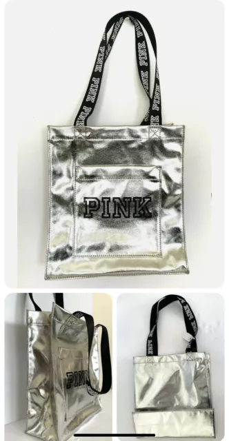 VICTORIAS SECRET PINK bag mini small tote Silver Metallic New