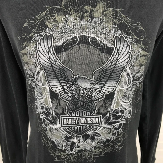 Harley Davidson Womens SZ Large T Shirt Top Long Sleeve Black Eagle Graphic
