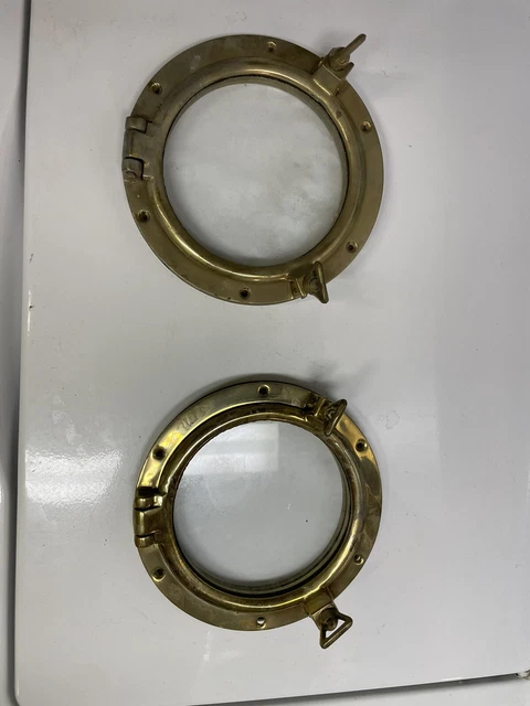 2 Antique Bronze Ship's Porthole Window 7” Outside Diameter 5” Glass Diameter