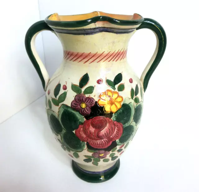 Vintage Majolika Keramik Vase Handmade grün Glasur bemalt Blumen mit Signatur
