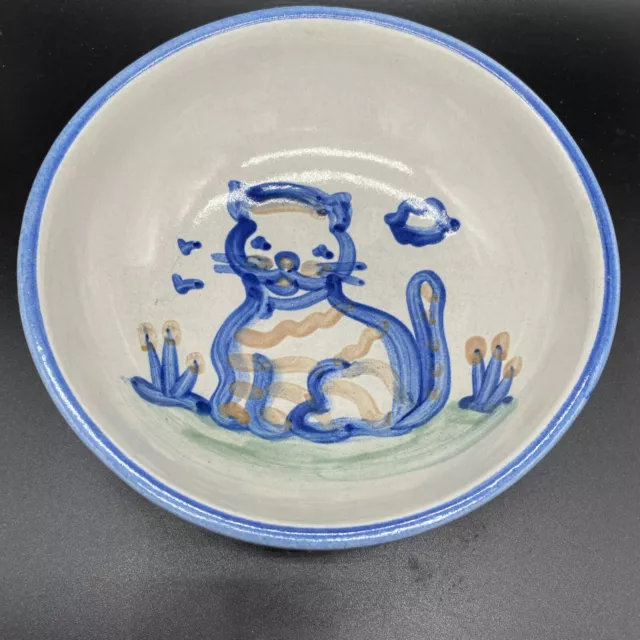 MA Hadley Pottery Cat 6.75" x 2.25" Bowl Hand Painted Blue White Signed