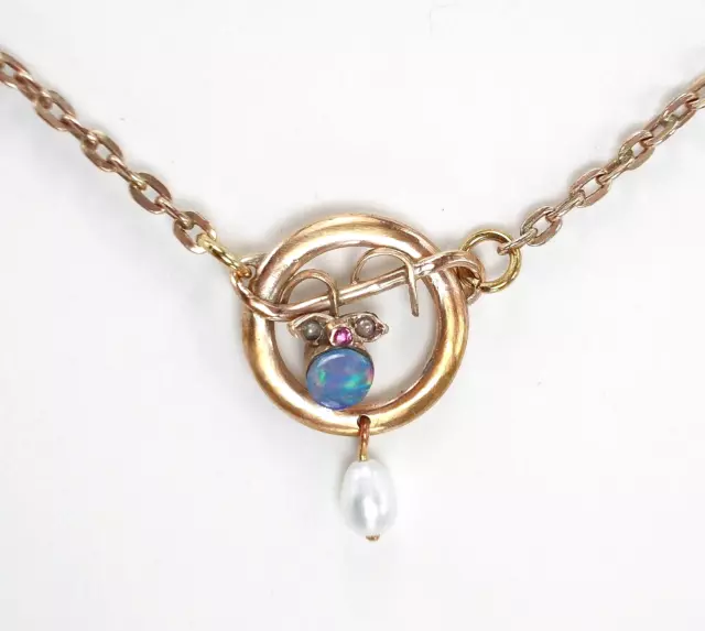 Jugendstil Collier Kette Antik von 1910 Opal Rubin Perlen, rose Gold Double (78)